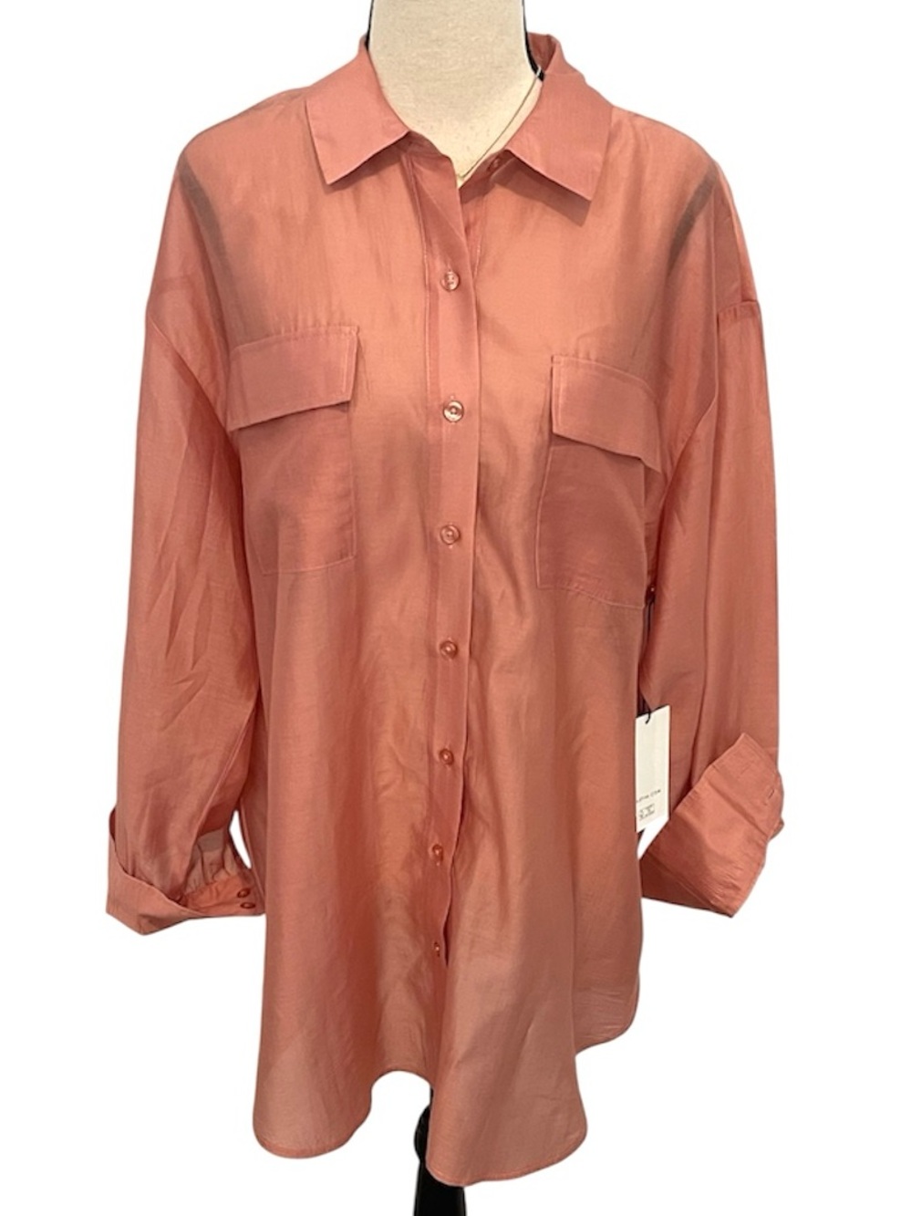 Bailey/44 | Semi Sheer Button Up Long Sleeve Blouse Pink Sz L